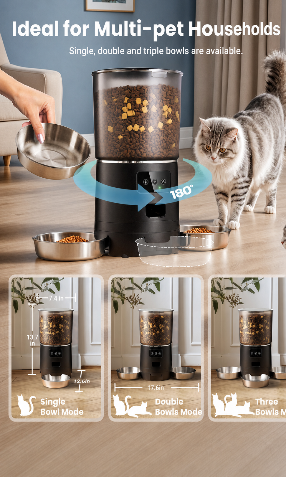 6L Smart Automatic Pet Feeder with 3 Bowls – App Control for Multi-Cat Homes