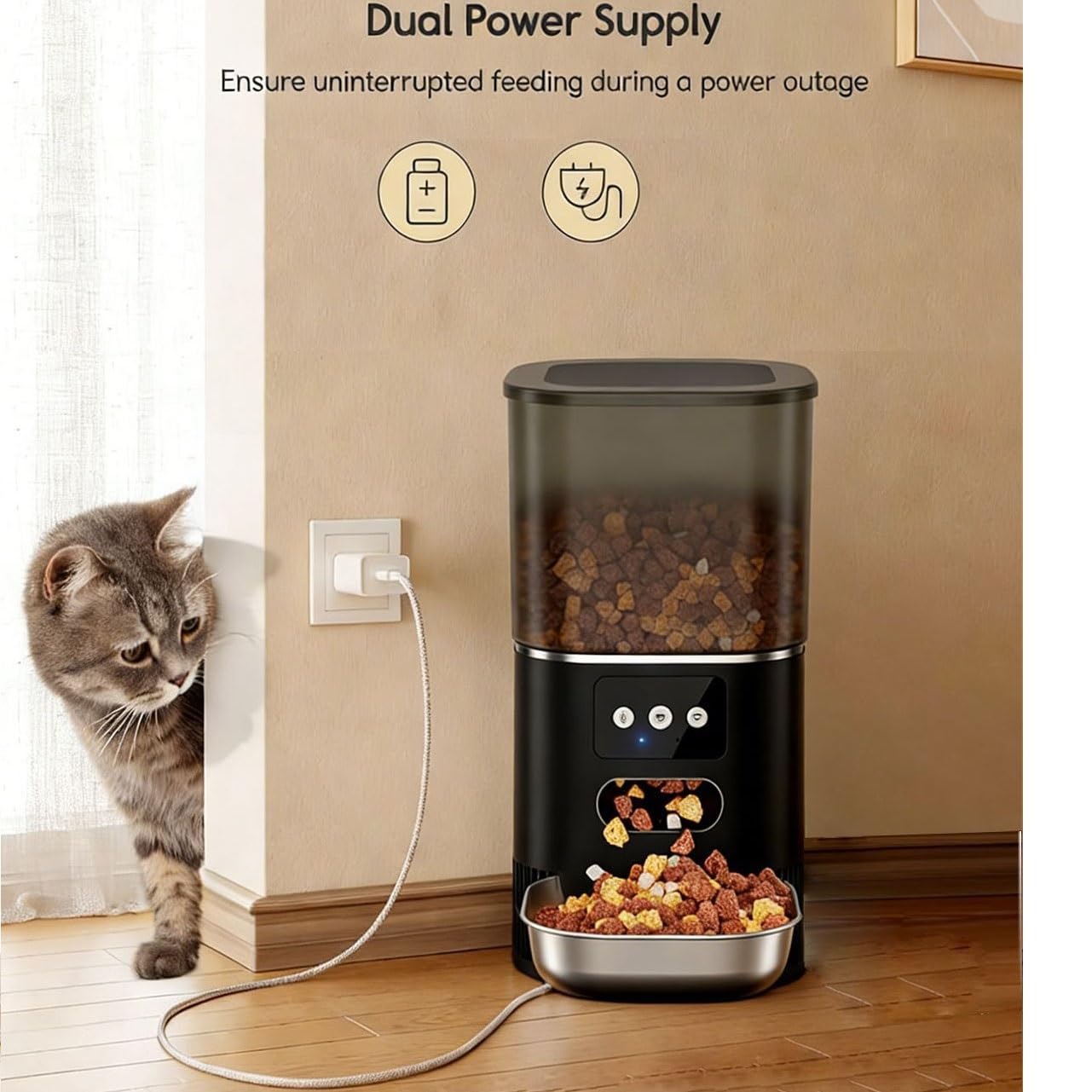 4L Smart Automatic Pet Feeder with App Control, Custom Meal Scheduling, Anti-Jam Dispensing, Dual Power and Stainless Steel Bowl for Cats and Small Dogs