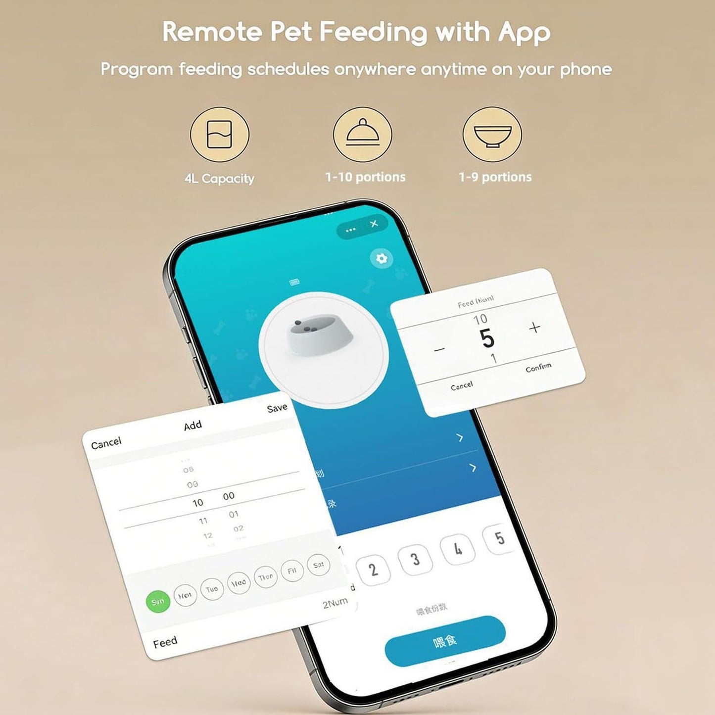 4L Smart Automatic Pet Feeder with App Control, Custom Meal Scheduling, Anti-Jam Dispensing, Dual Power and Stainless Steel Bowl for Cats and Small Dogs