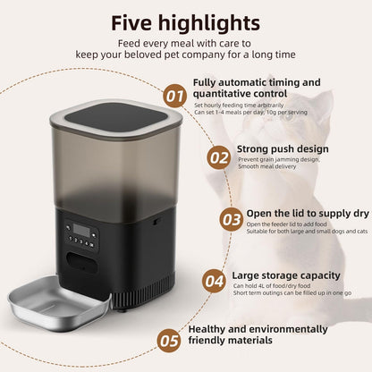 4L Smart Automatic Pet Feeder with App Control, Custom Meal Scheduling, Anti-Jam Dispensing, Dual Power and Stainless Steel Bowl for Cats and Small Dogs