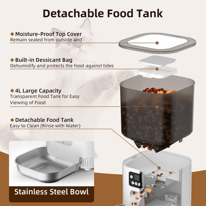 4L Smart Automatic Pet Feeder with App Control, Custom Meal Scheduling, Anti-Jam Dispensing, Dual Power and Stainless Steel Bowl for Cats and Small Dogs